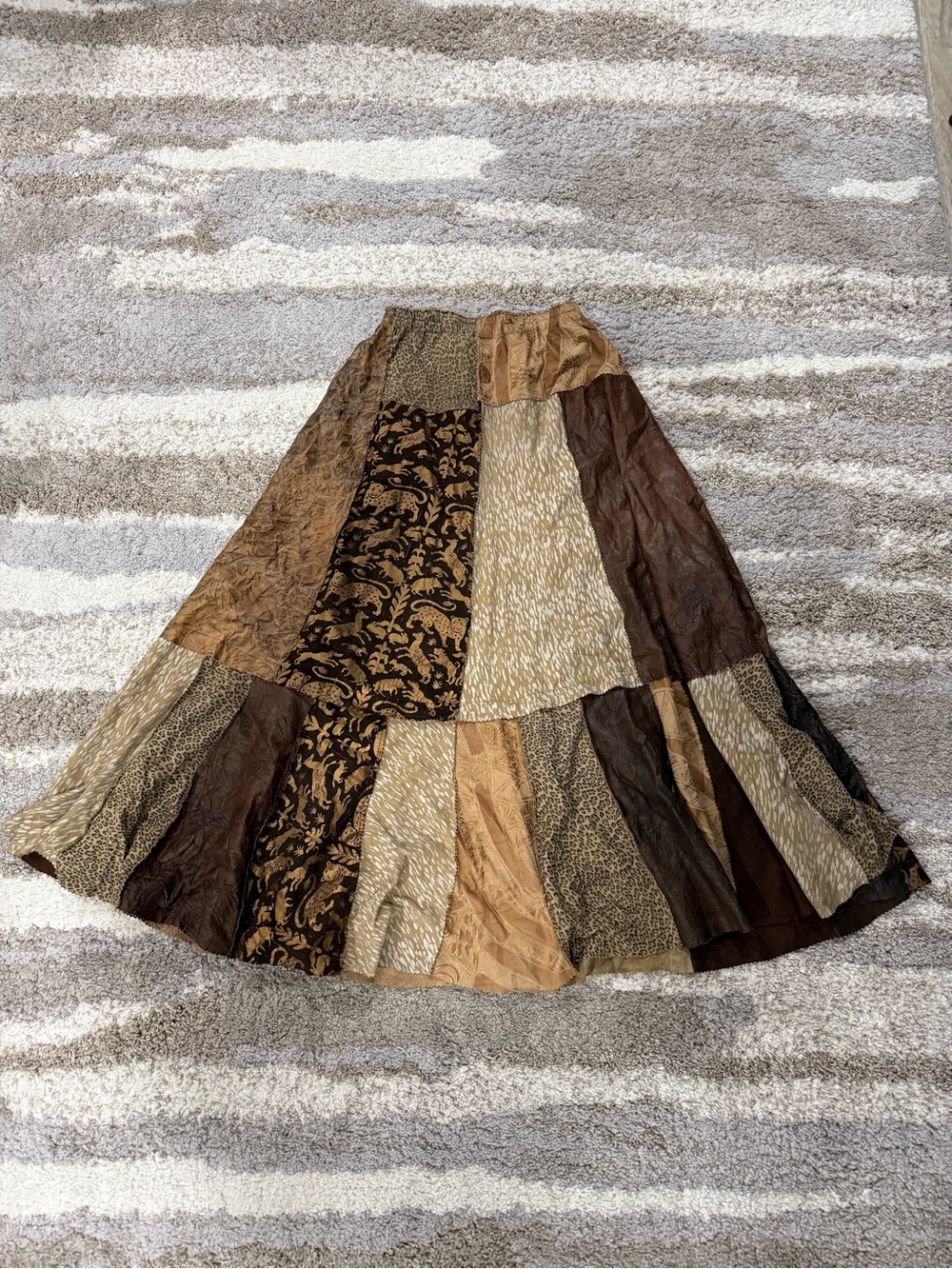 Patchwork Boho Maxi Skirt in Brown and Tan